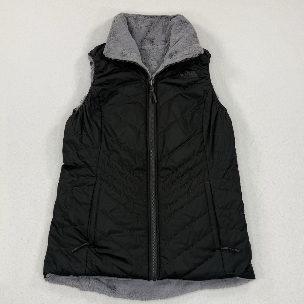 The North Face Quilted Puffer Vest Womens S Black Mossbud Reversible Fleece